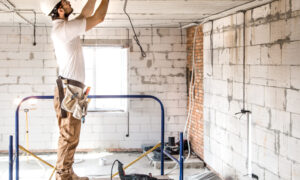 Construction worker wearing a hard hat on a scaffold, installing wiring to the ceiling in a renovation site.
