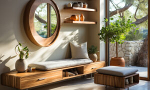 Modern living space featuring a curved wooden bench with cushions, circular wall mirror, floating shelves with ceramic pots, and a large window with greenery outside.