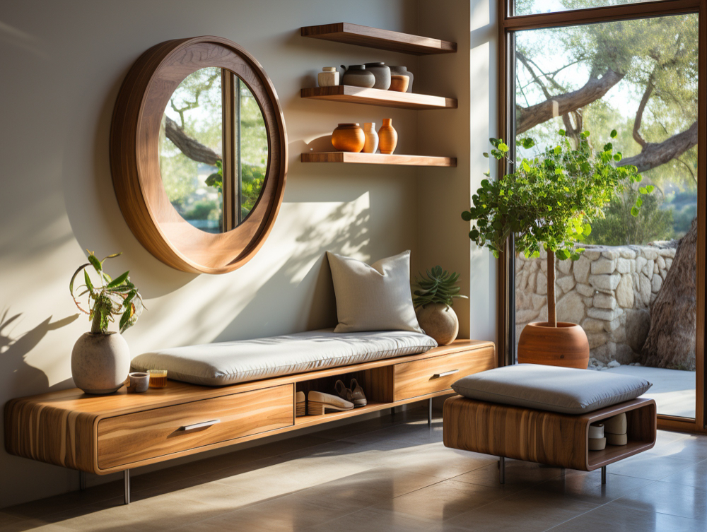 Modern living space featuring a curved wooden bench with cushions, circular wall mirror, floating shelves with ceramic pots, and a large window with greenery outside.