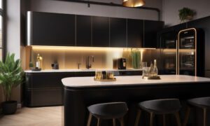 Modern black kitchen with marble island, warm under-cabinet lighting, and a glass-front fridge; plants add green accents.