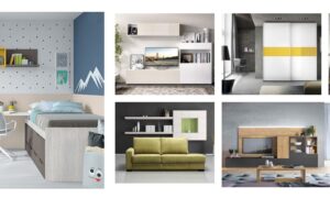 Teen/young student bedroom with a workspace, bed and yellow-accent wardrobe in blue-gray tones (collage left). The living room features a white modular TV unit and shelves with decorative items. A white wardrobe with a yellow horizontal stripe stands in a modern bedroom. A neutral-toned bedroom with a large bed and geometric headboard. A green sofa with wall-mounted shelves creates a cozy seating area. An open-plan living/dining room with large windows, wood TV wall, and a dining table set.