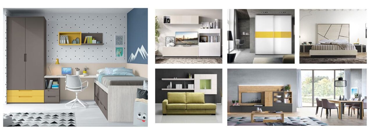 Teen/young student bedroom with a workspace, bed and yellow-accent wardrobe in blue-gray tones (collage left). The living room features a white modular TV unit and shelves with decorative items. A white wardrobe with a yellow horizontal stripe stands in a modern bedroom. A neutral-toned bedroom with a large bed and geometric headboard. A green sofa with wall-mounted shelves creates a cozy seating area. An open-plan living/dining room with large windows, wood TV wall, and a dining table set.