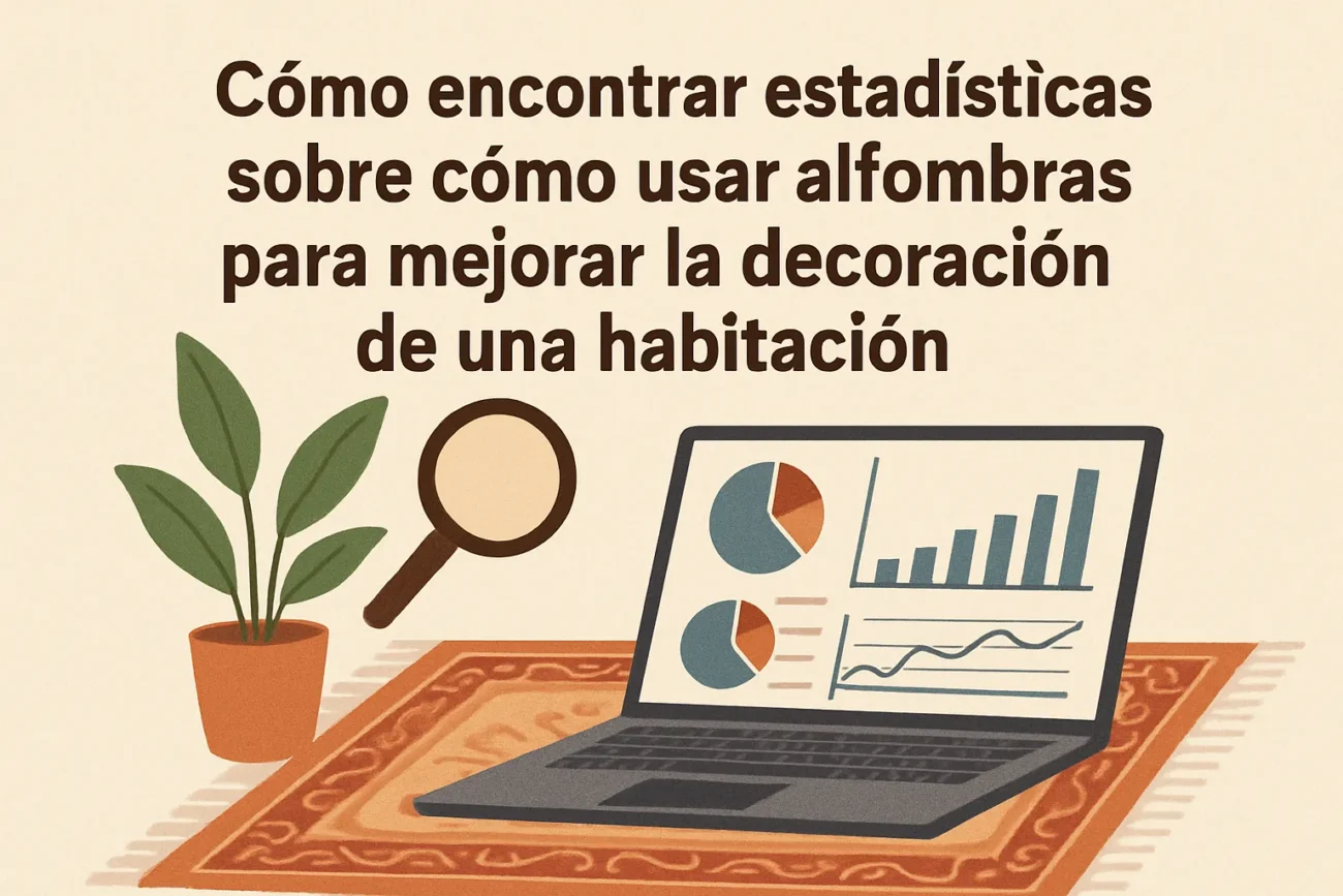Illustration with a laptop showing charts, a magnifying glass, a potted plant, and a decorative rug, titled in Spanish about finding statistics to use carpets for room decor