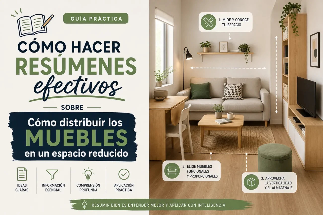 cómo hacer resúmenes efectivos sobre Cómo distribuir los muebles en un espacio reducido