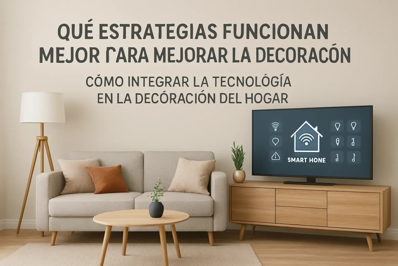 Living room with a beige sofa, wooden coffee table, floor lamp, and a TV on a wooden stand; Spanish headline about using tech to improve home décor.